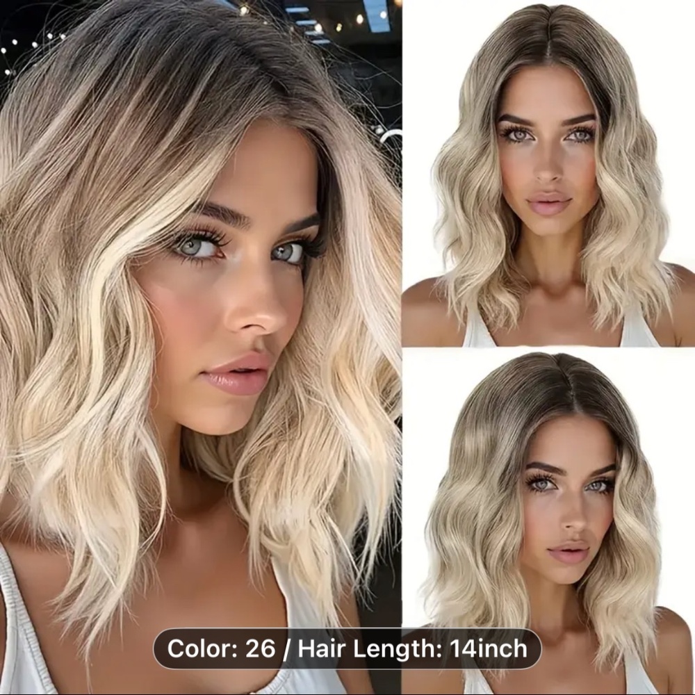 14-Inch Golden Curly Wig with Light Brown to Blonde Highlights - Natural